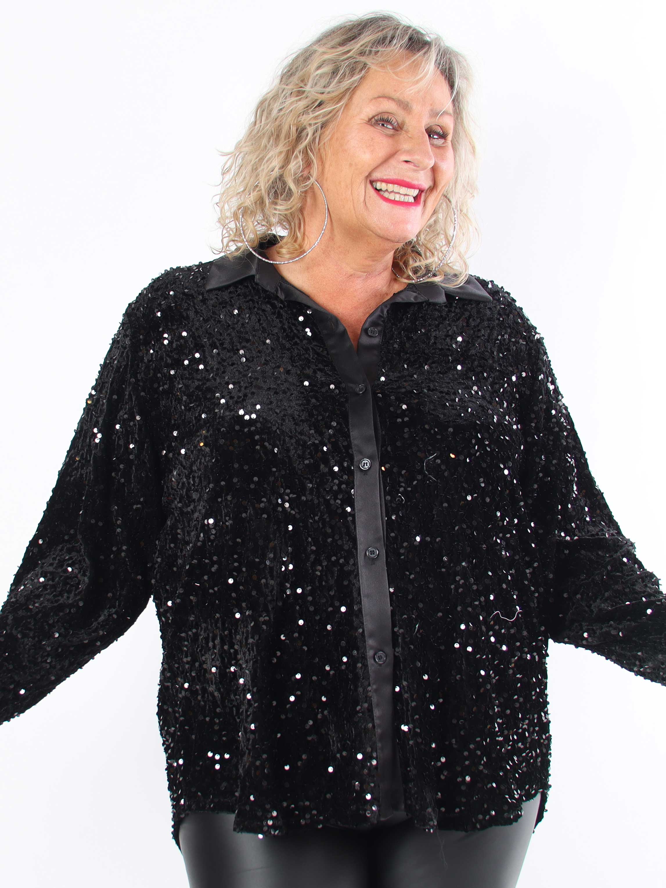 Anicha - Smuk plus size skjorte med pailletter og velour